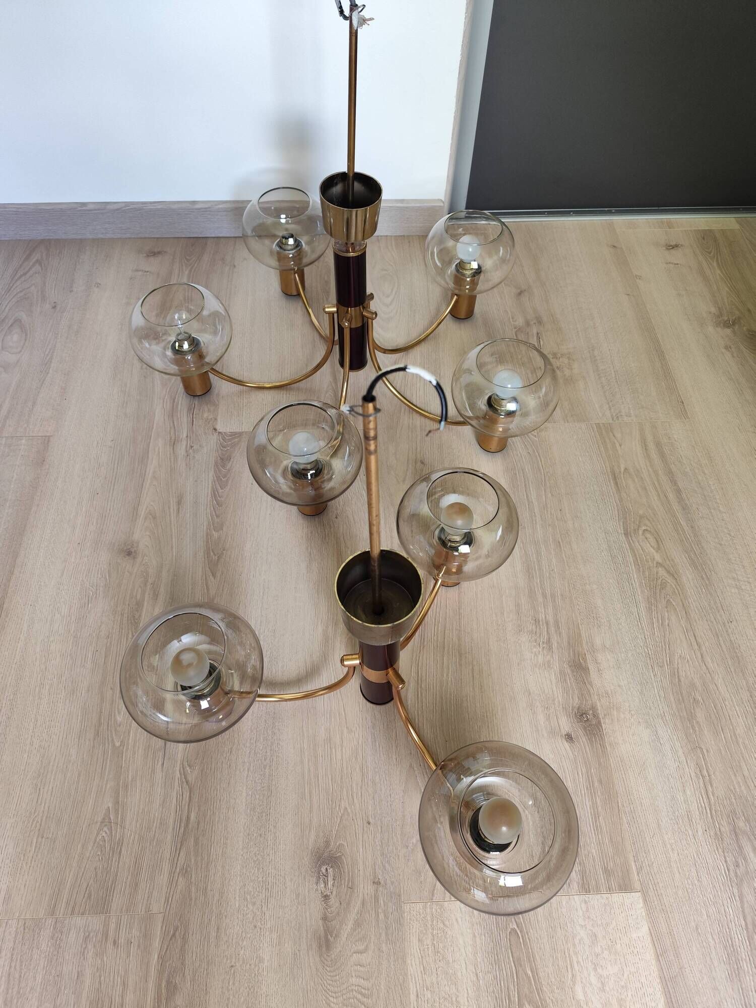 Pair of matching brass and bakelite chandeliers, 3 and 5 branches, 70s milk