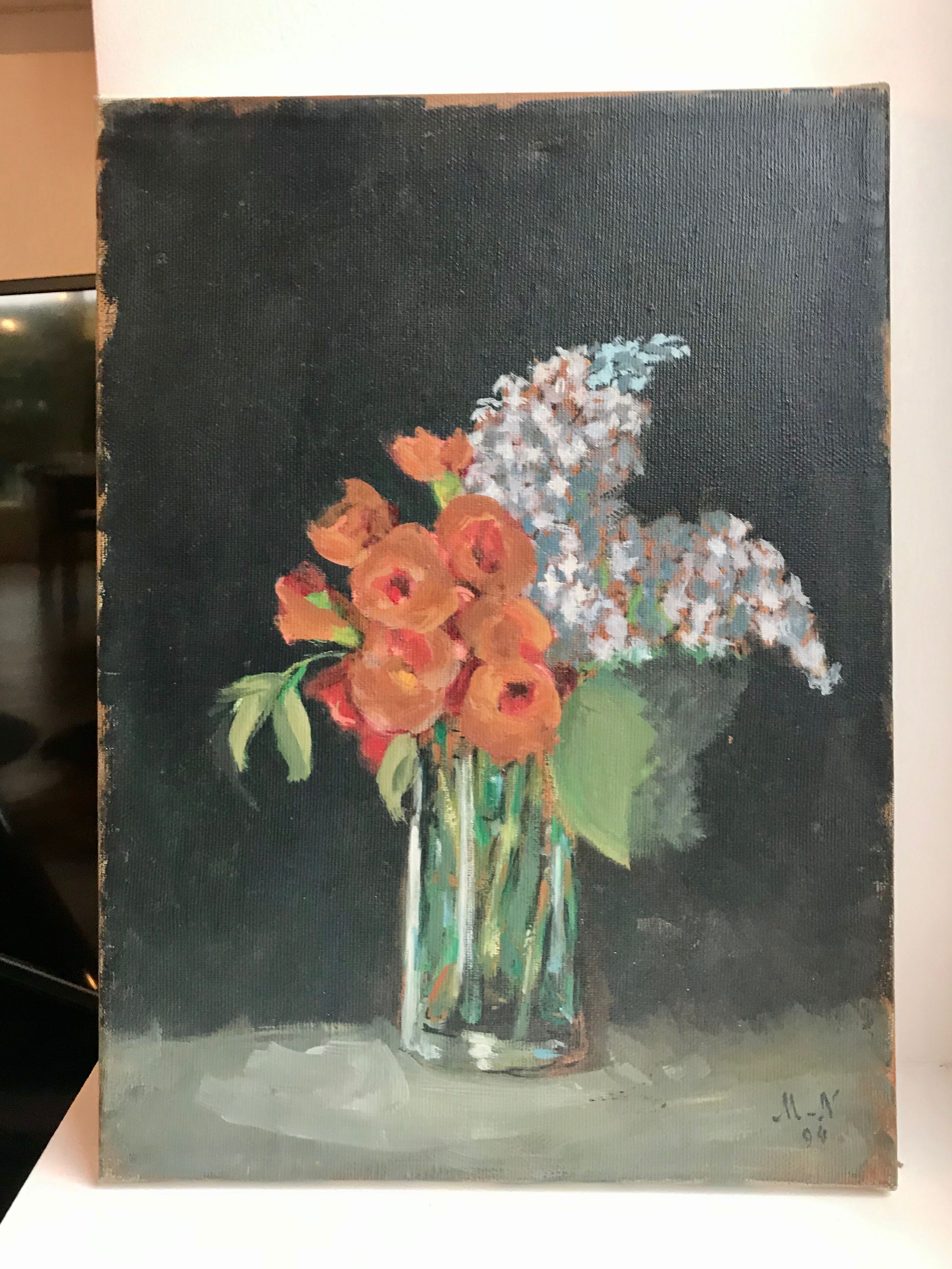 painting oil on canvas still life bouquet signed vintage