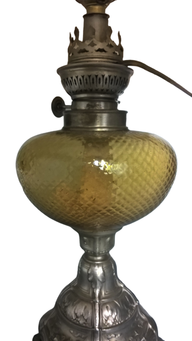 Electrified kerosene lamp art-deco- regulated silver and tinted glass with its original lampshade
