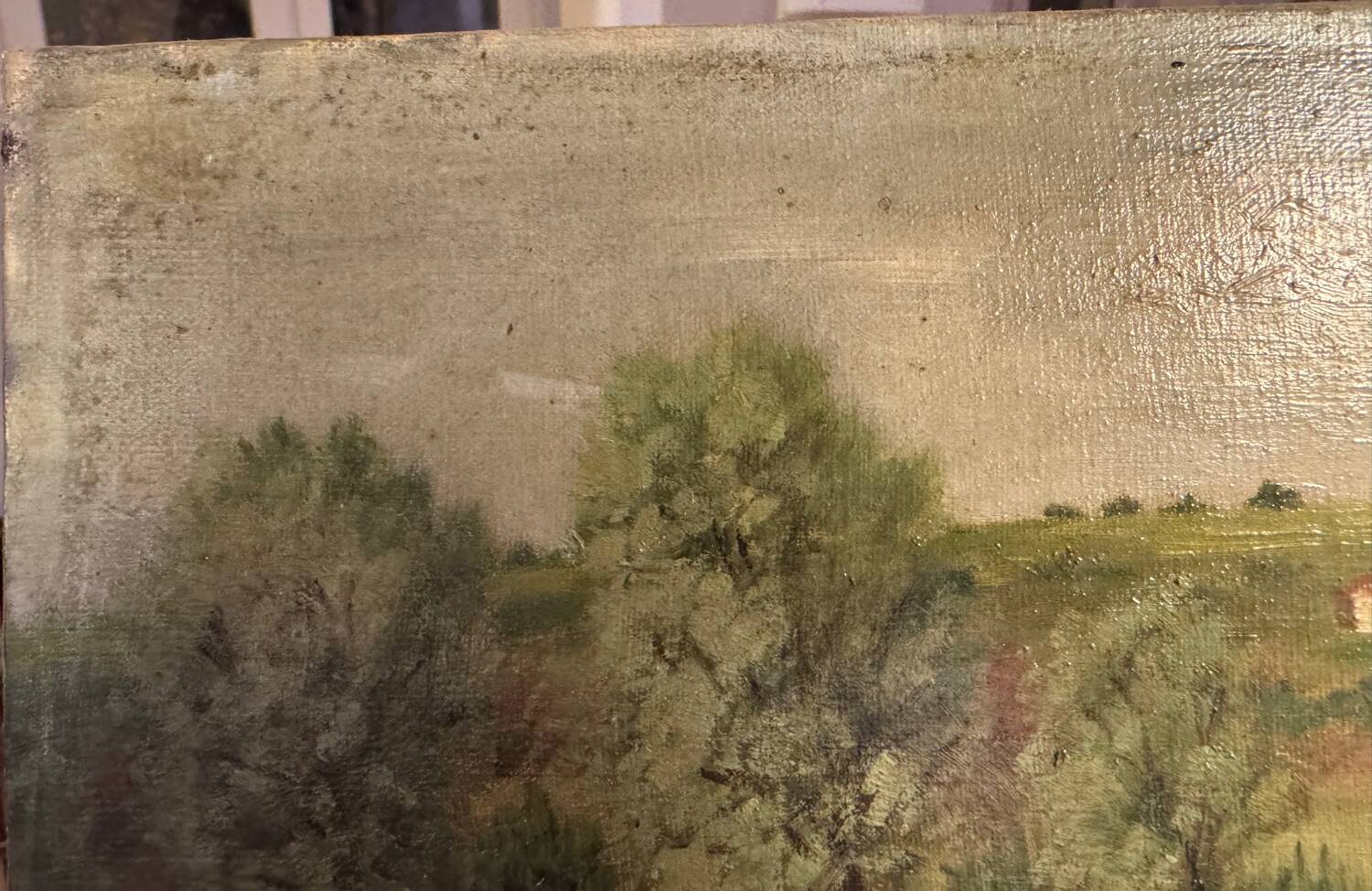 Antique painting, landscape with pond, signed and dated 1895