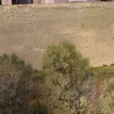 Antique painting, landscape with pond, signed and dated 1895