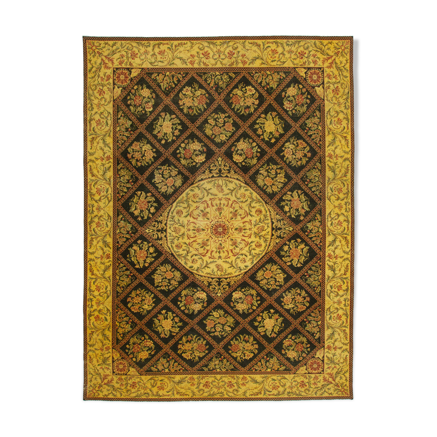 Handwoven persian overdyed 291 cm x 404 cm yellow wool rug