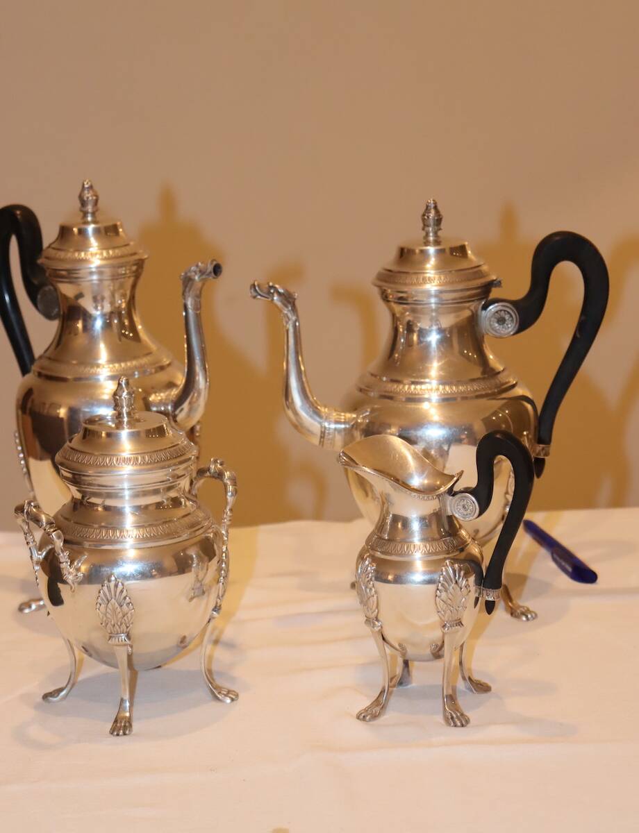 Silver-plated metal tea and coffee service in Empire style.