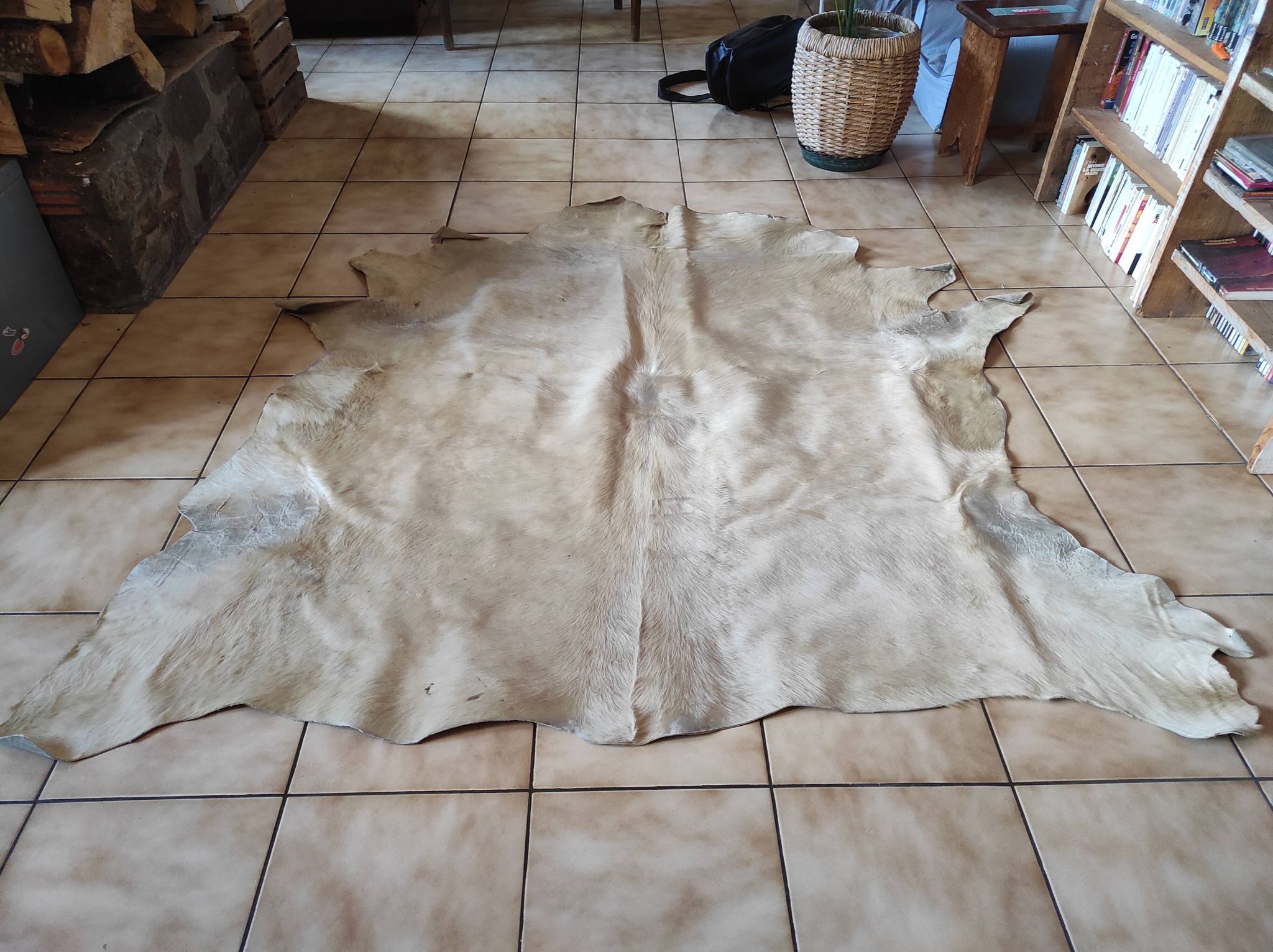 Carpet descent of vintage bed in cowhide 164x176 cm with white hair