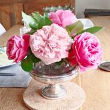 Flower pick with silver metal and glass pedestal, table centerpiece