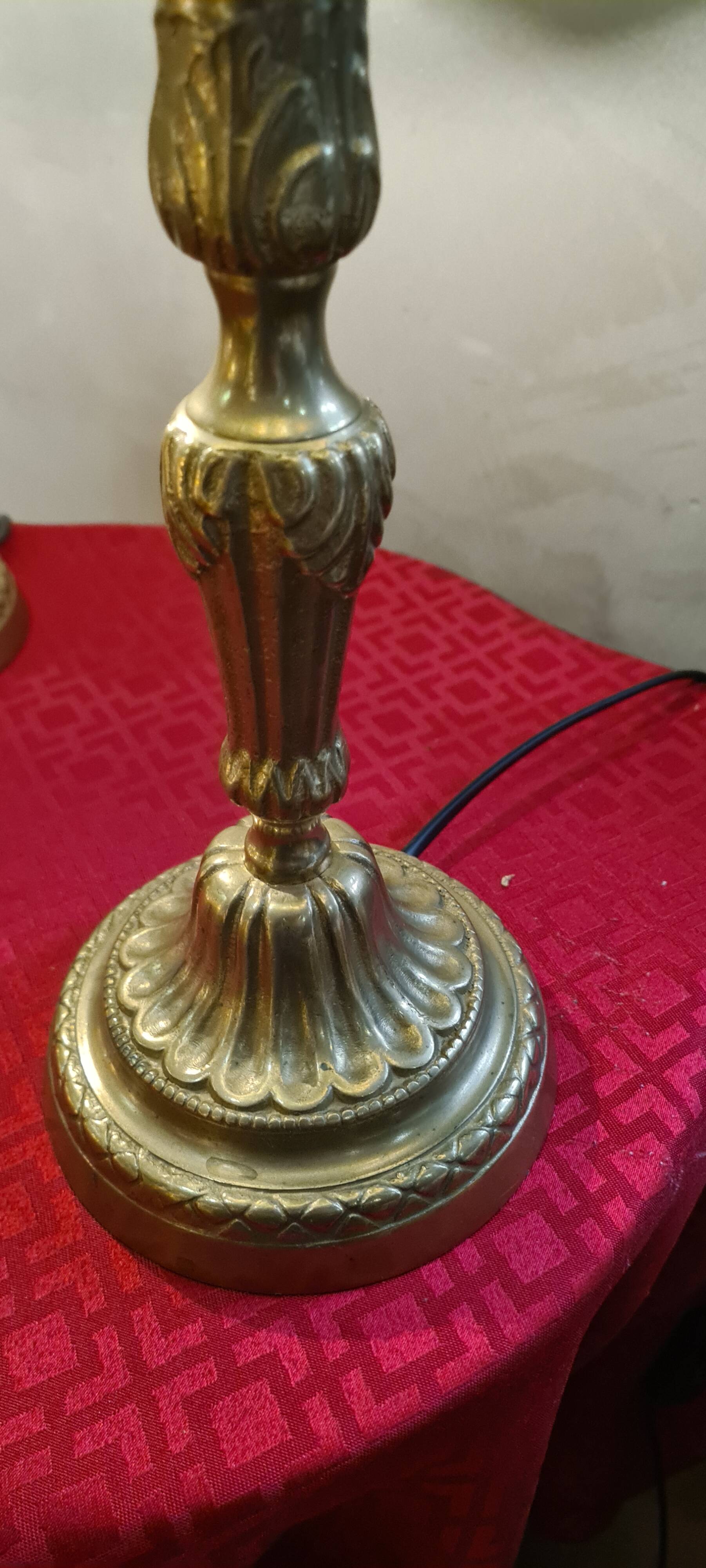 Pair of antique bronze lamps, glass lampshades, 44x21, stained glass, Tiffany style.