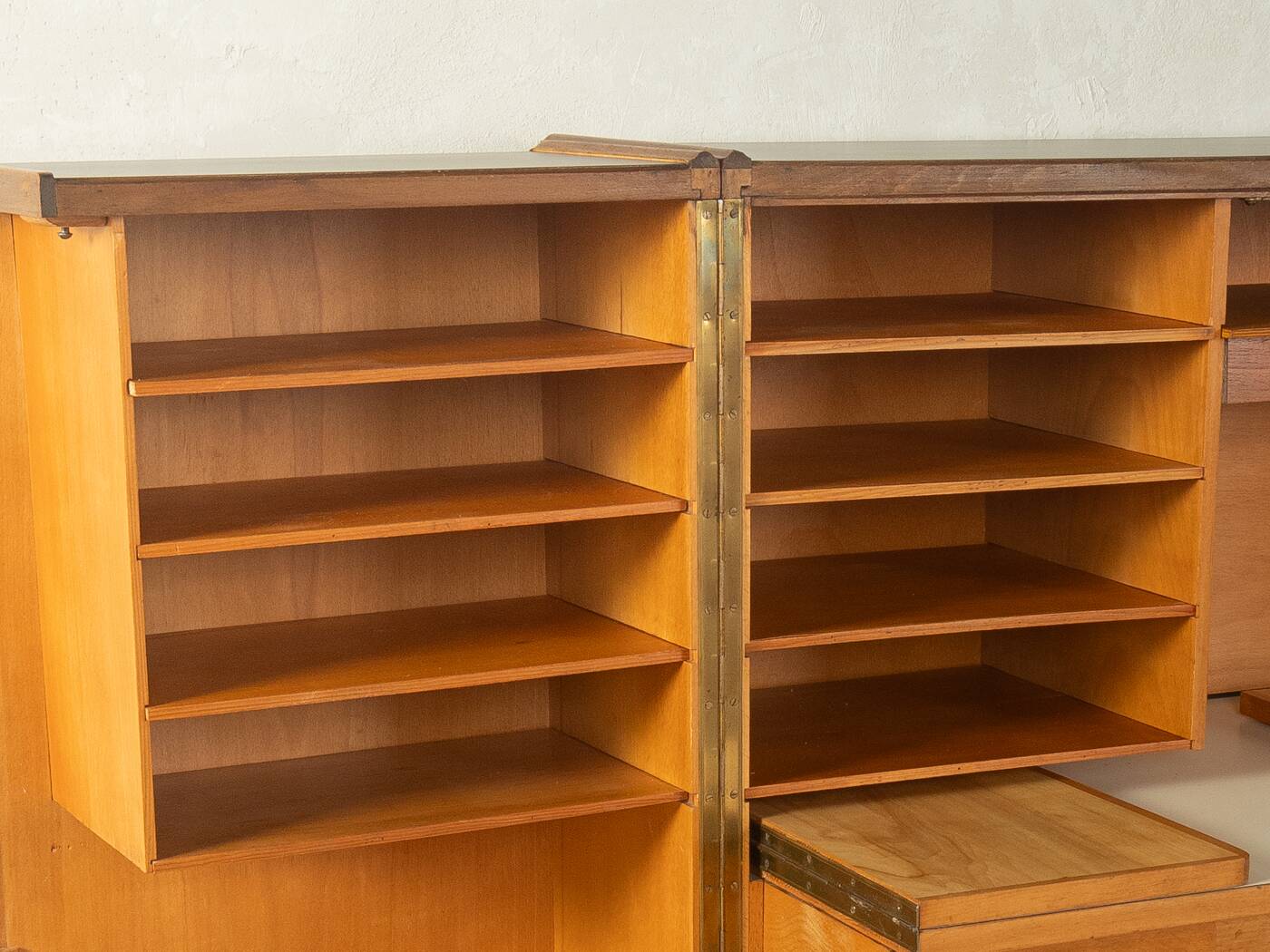 Classic home office from the 1950s, walnut veneer, illuminated interior