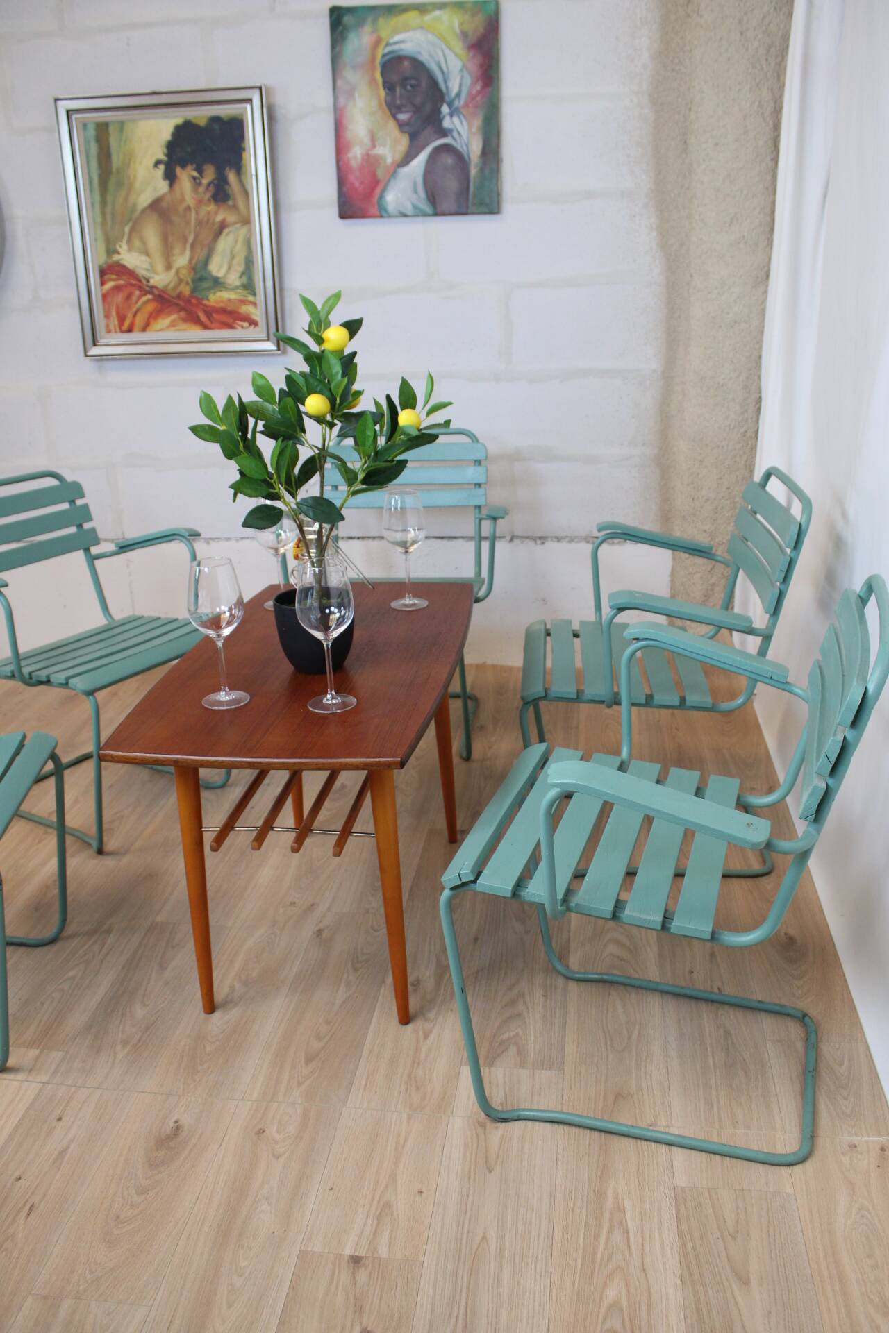Garden chairs set of 5 in metal and painted stackable wood 1960 denmark