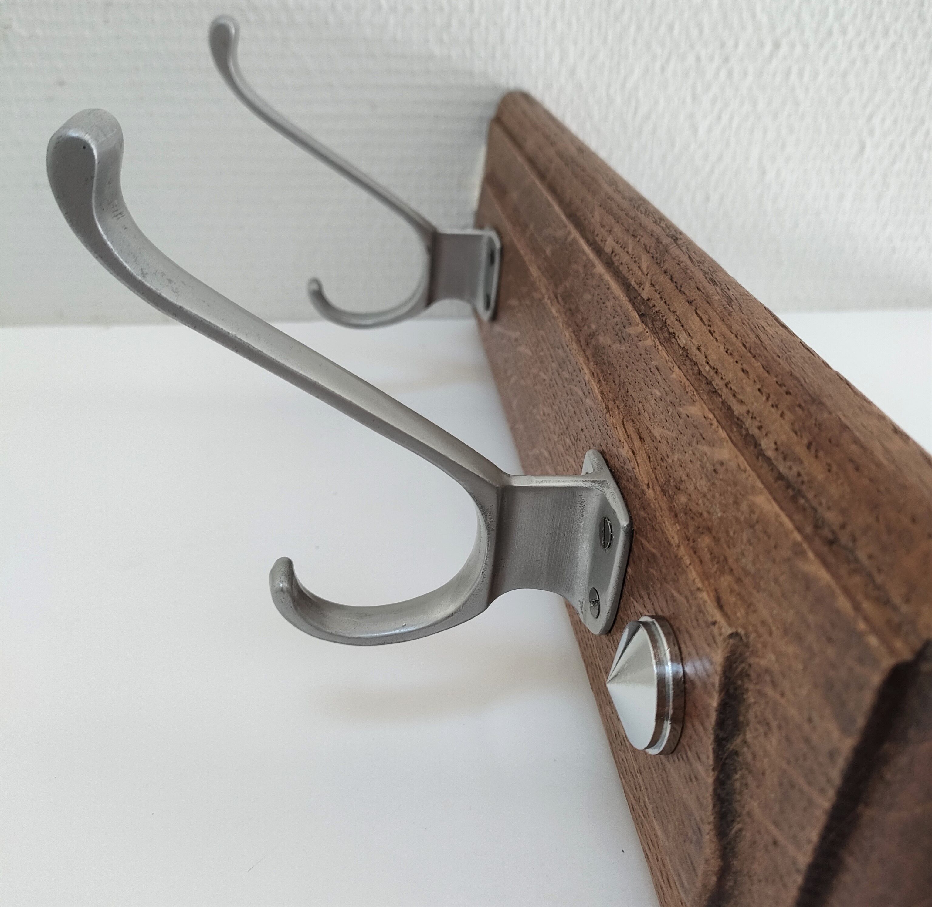 Patinated solid oak coat rack and vintage aluminum hooks