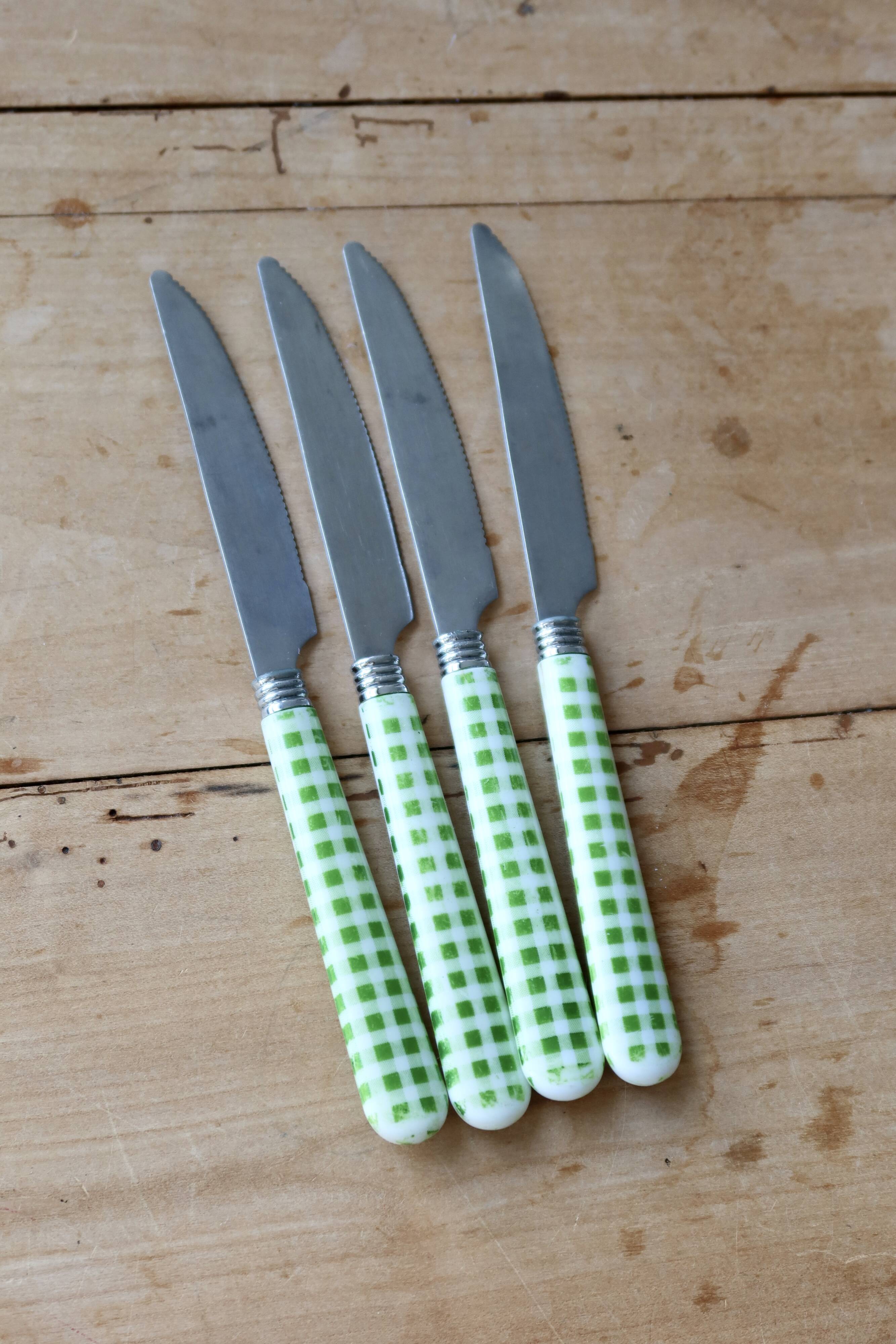 12 vintage stainless steel and green and white gingham cutlery sets