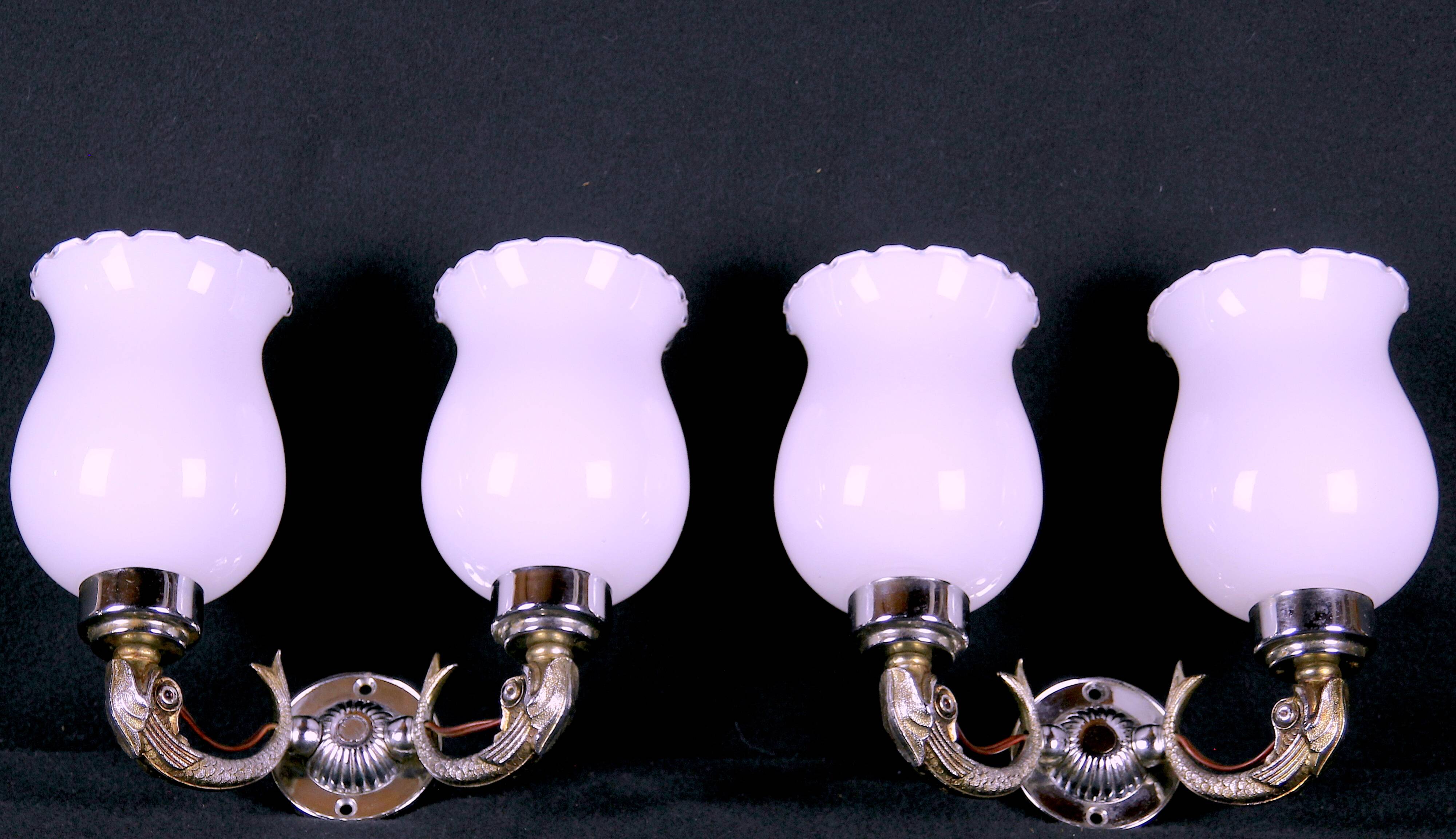 Maison Lancel, White Opaline Silver-Plated Dolphin Sconces, Mid-Century, France