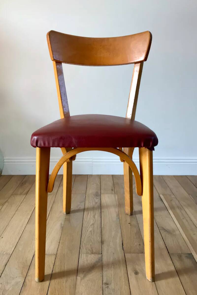 Set of 6 Luterma bistro chairs in blond wood and skaï 50s