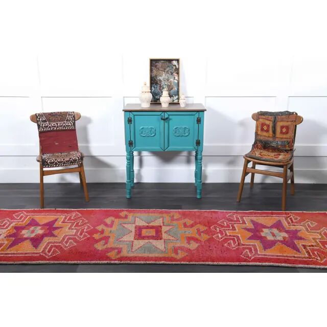 Vintage Turkish Hand-Knotted Wool Cotton Red Runner Rug 88x299