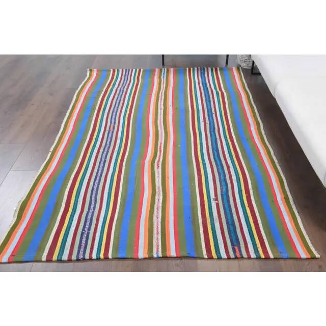 Vintage Turkish Oushak Handmade Wool Cotton Blue Kilim Area Rug 154x230