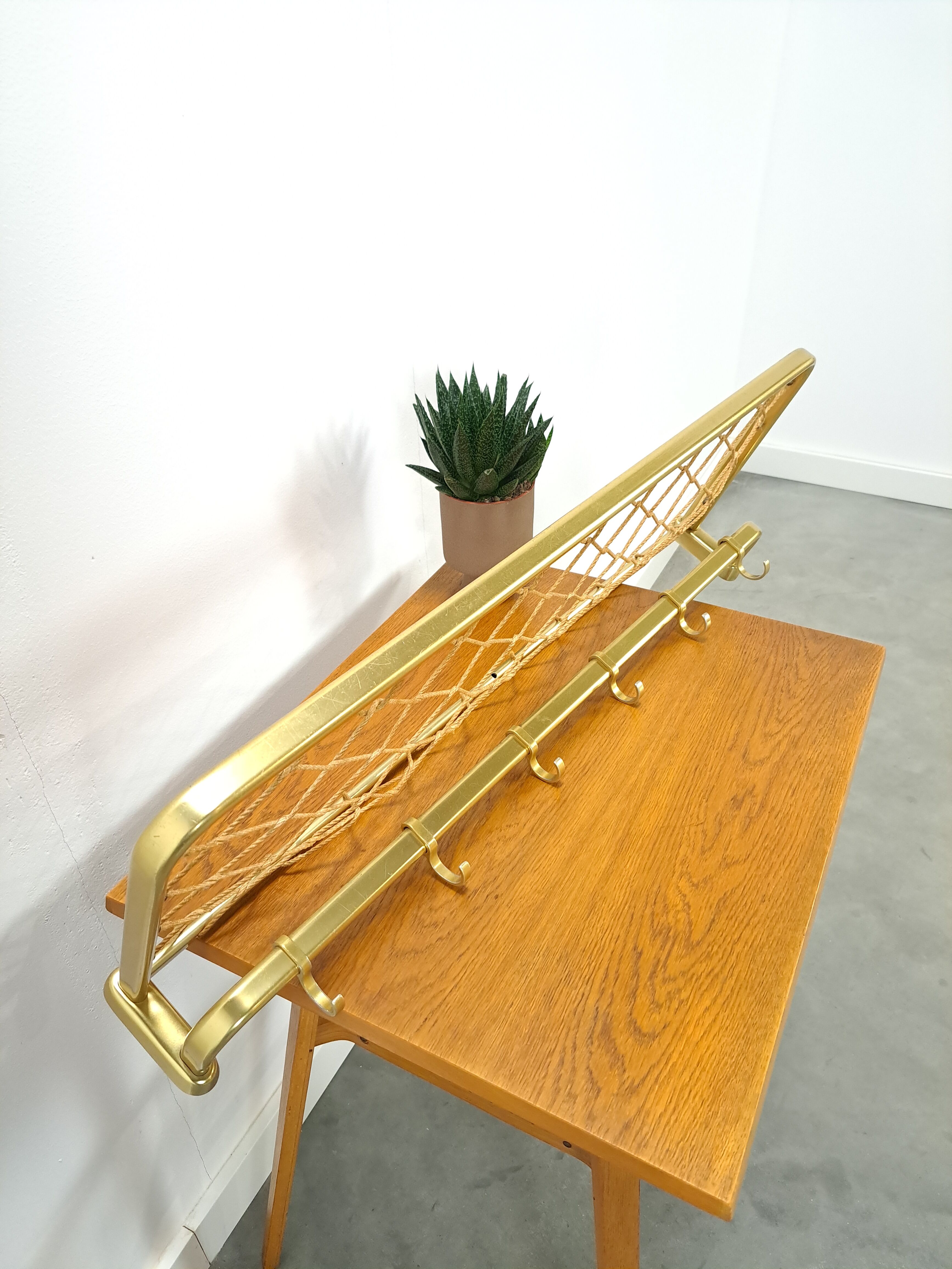 Gold wide wall coat rack with rope vintage