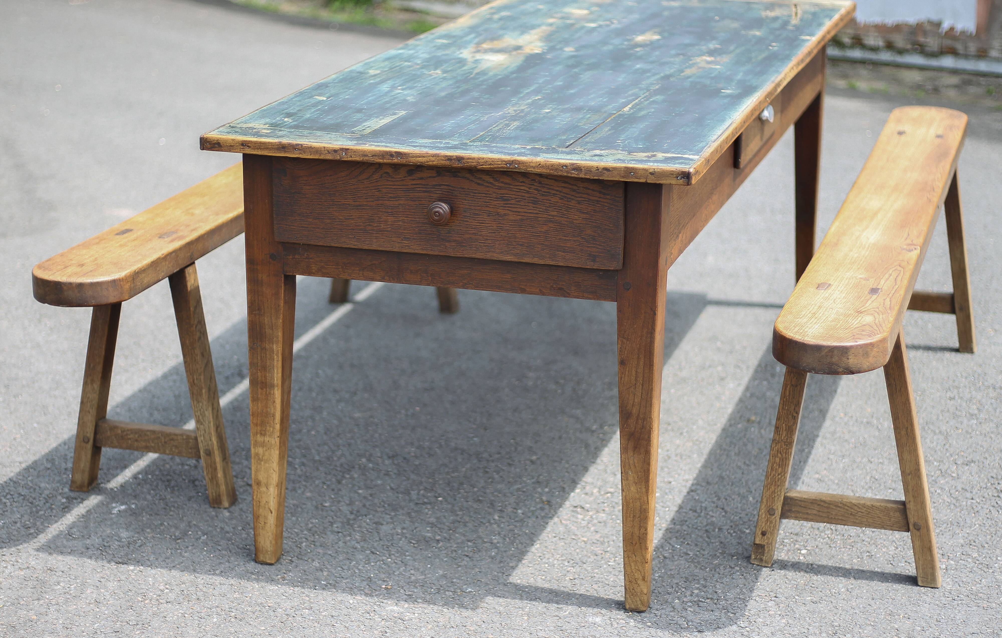 Farmhouse table and its 2 benches, living room table, wooden table with pair of wooden benches