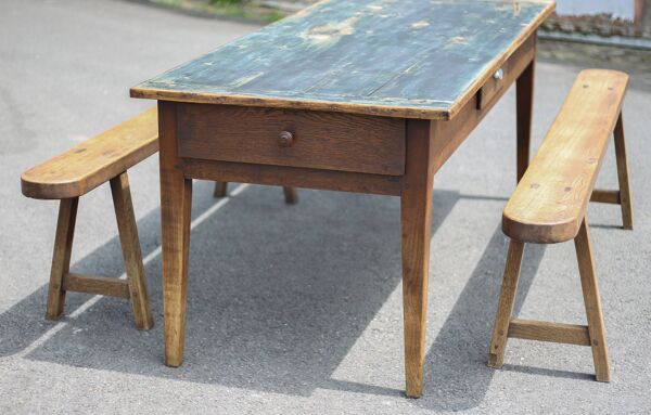 Table de ferme et ses 2 bancs, table de salon, table bois avec paire de bancs bois