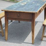 Farmhouse table and its 2 benches, living room table, wooden table with pair of wooden benches