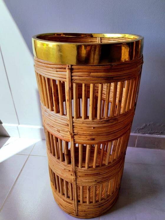 Brass and rattan umbrella stand 1970