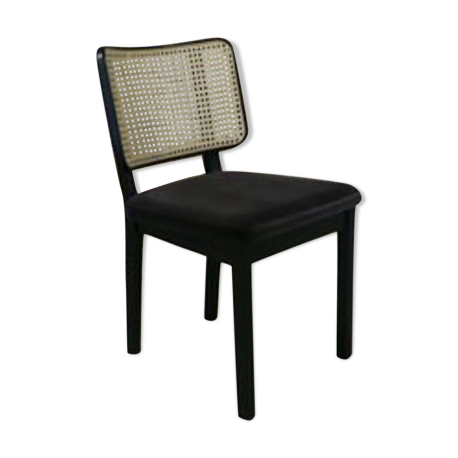 Black wood caning chair without chic grey velvet armrest