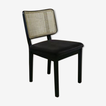 Chaise cannage bois noir sans accoudoir velours gris chic