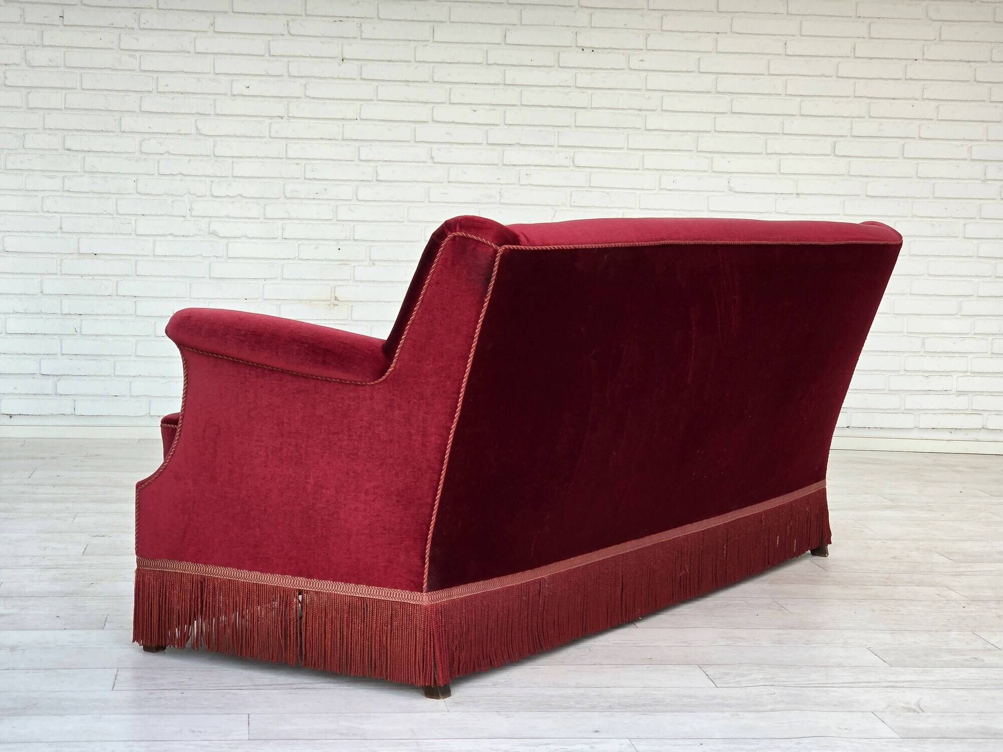 1960s, Danish 3-seater sofa, cherry-red furniture velour, ash wood.