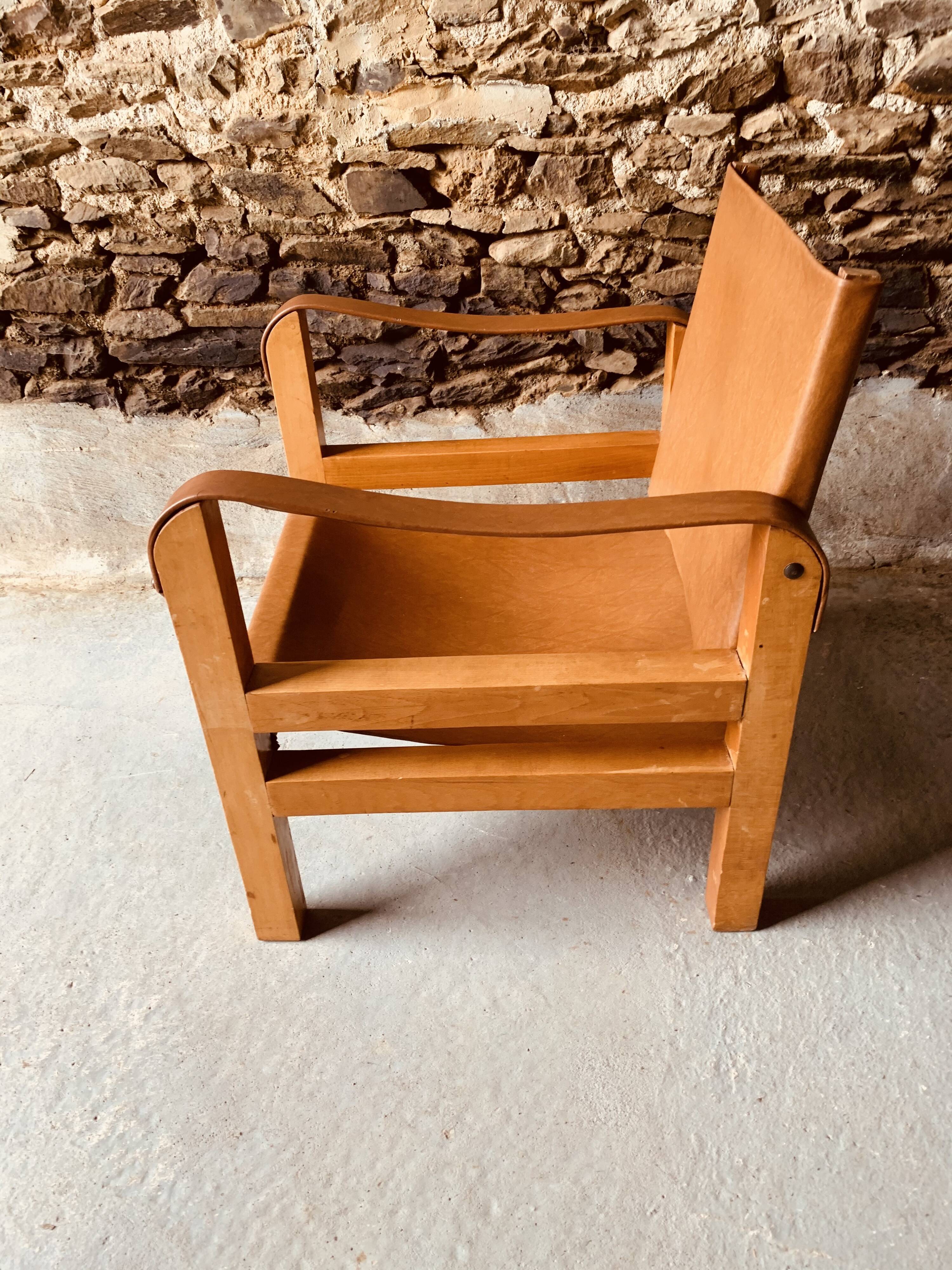 Safari armchair in wood and leather -1950's
