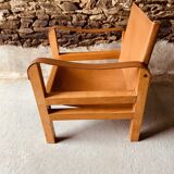 Safari armchair in wood and leather -1950's