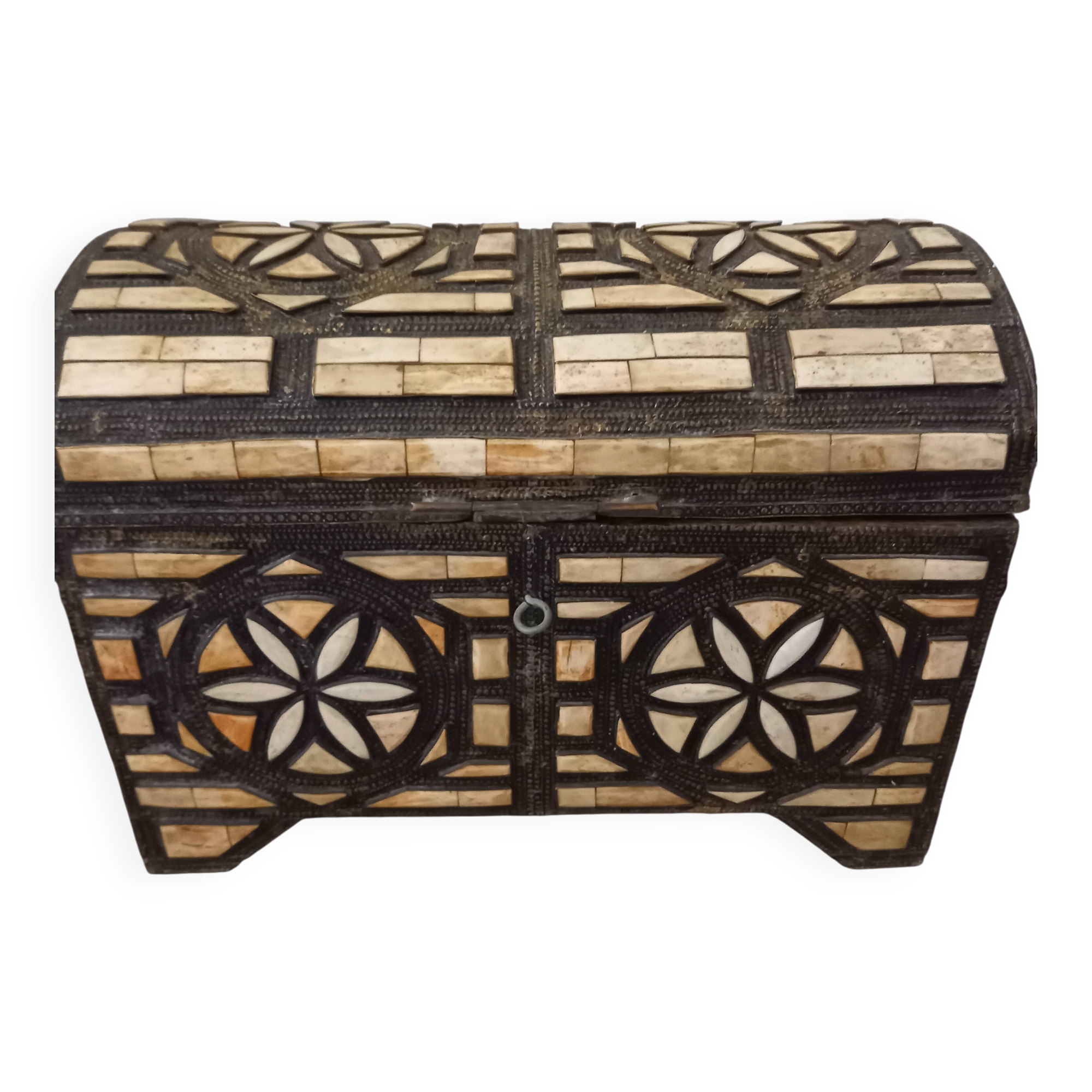 Handcrafted chest made of brass and camel bone.