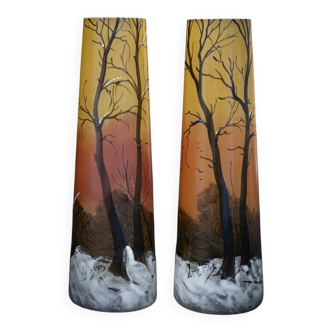 Pair of Art Nouveau Legras vases decorated with a snowy undergrowth scene - Late 19th century