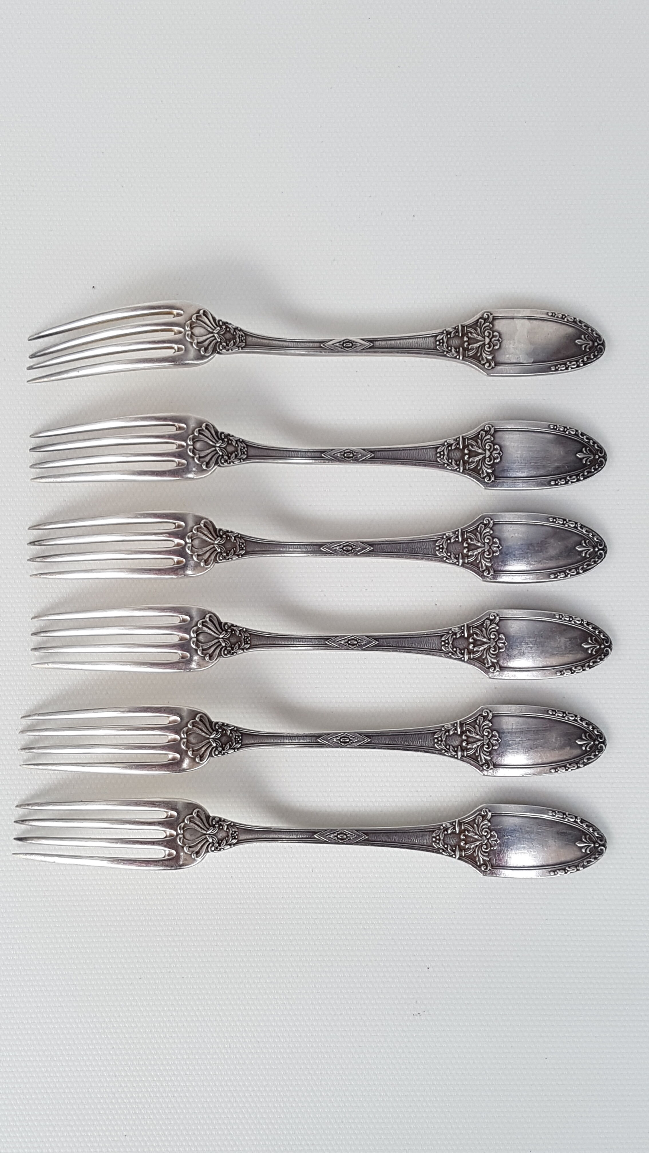 6 silver metal table forks by Boulenger, early 20th century