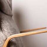 High armchair in curved beech and recent konkav fabric model by paul bode for federholz.