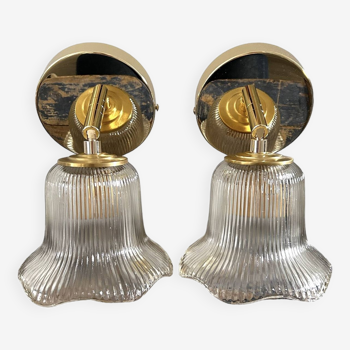 Pair of brass and glass wall lights