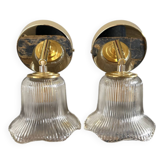 Pair of brass and glass wall lights