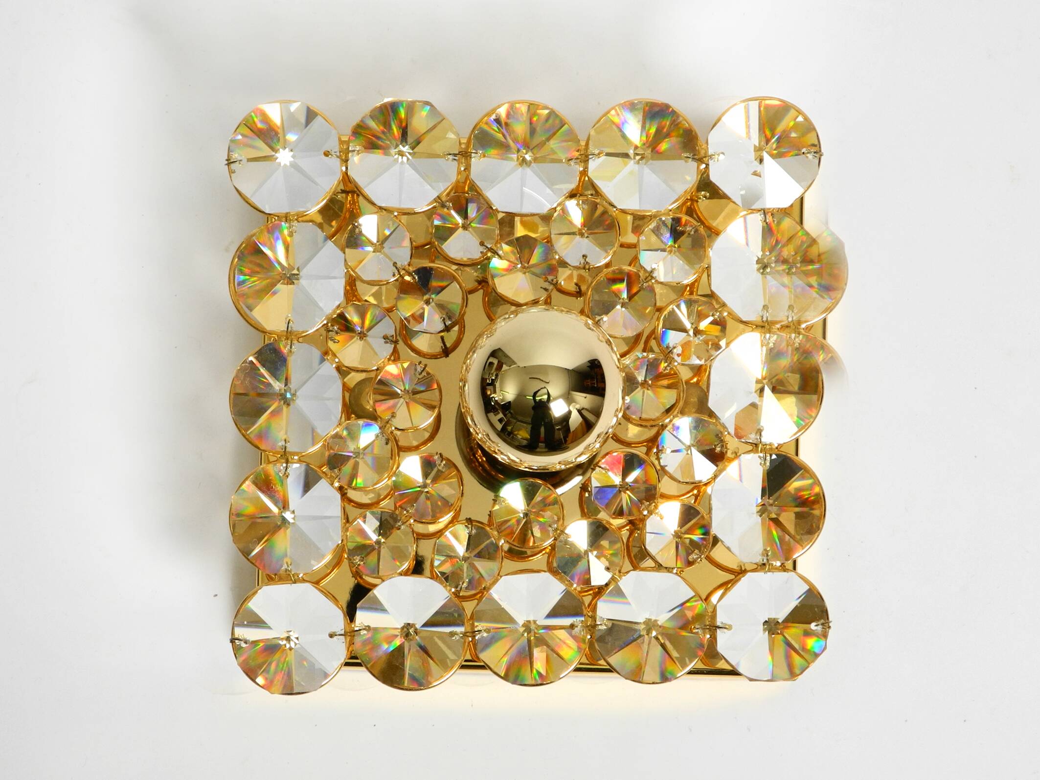 Small 70s Palwa brass ceiling or wall lamp with faceted crystal stones