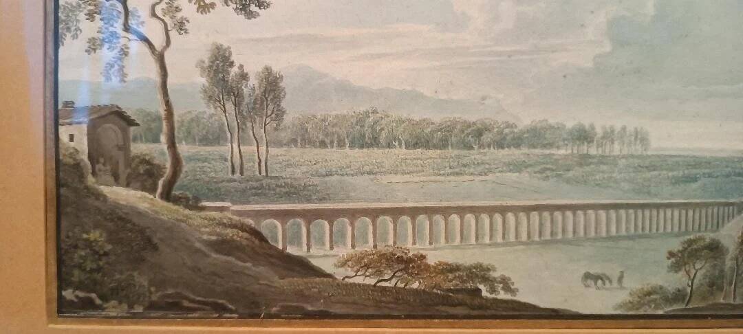 Old watercolour on paper from the early 19th century – landscape with aqueduct