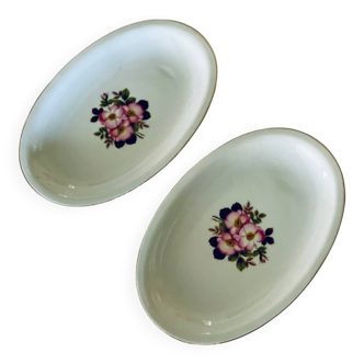 2 oval porcelain dishes with a floral pattern