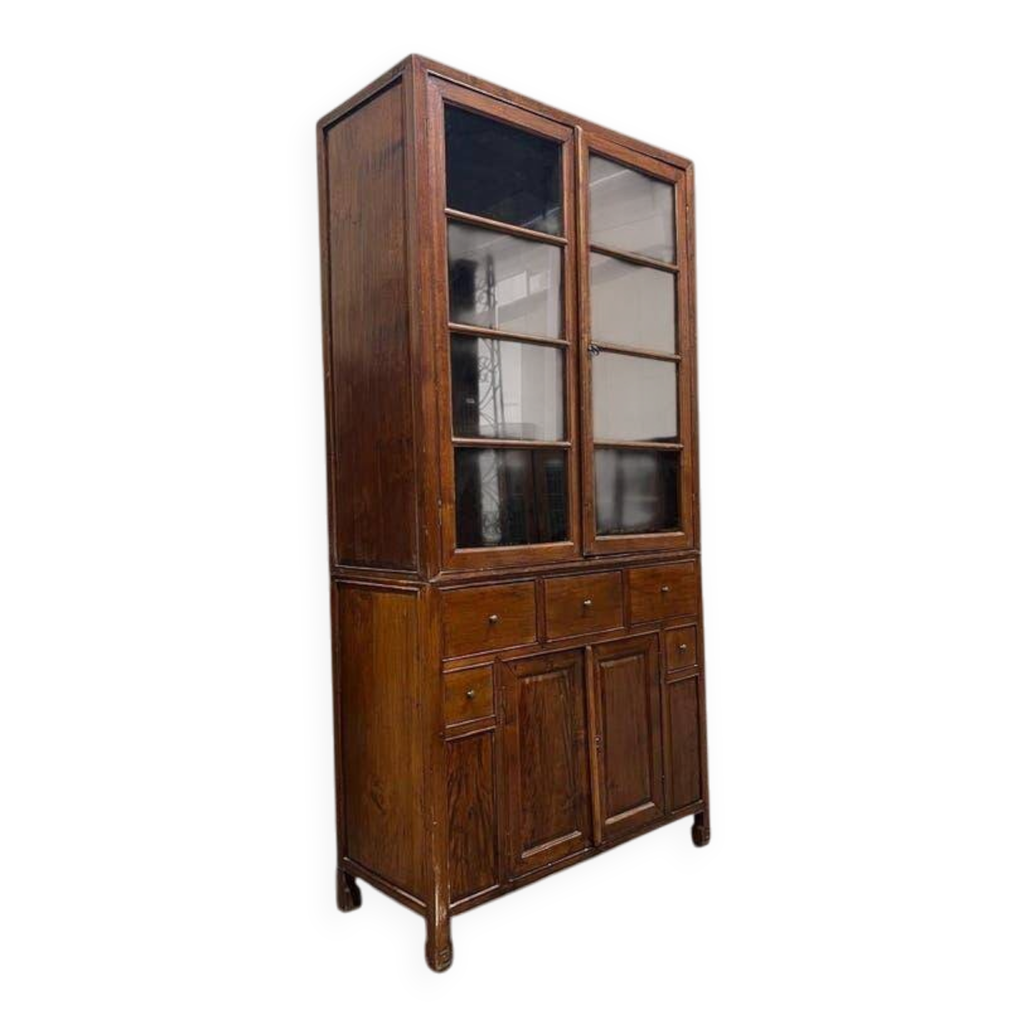 XL vintage wooden display cabinet/buffet, very tall, with glass.