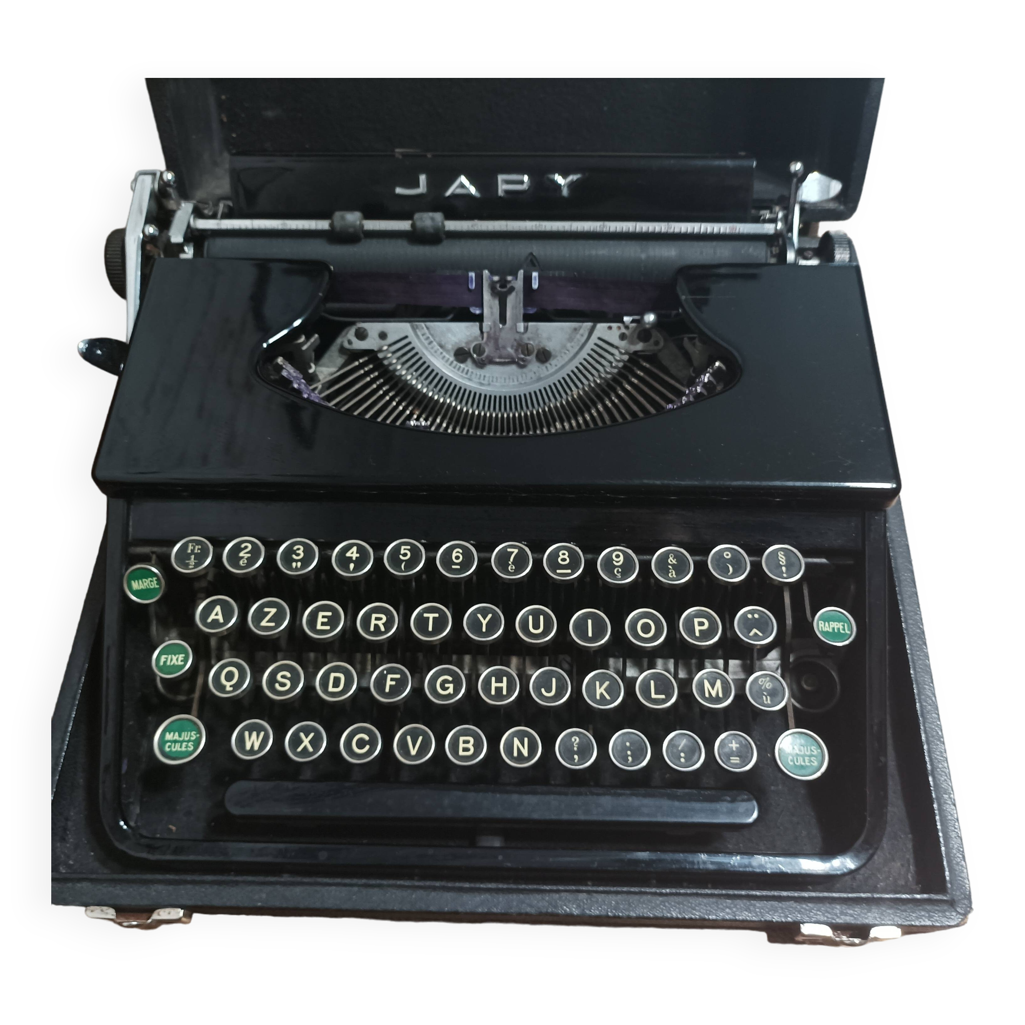 Japy portable typewriter, shiny black metal, 1950s