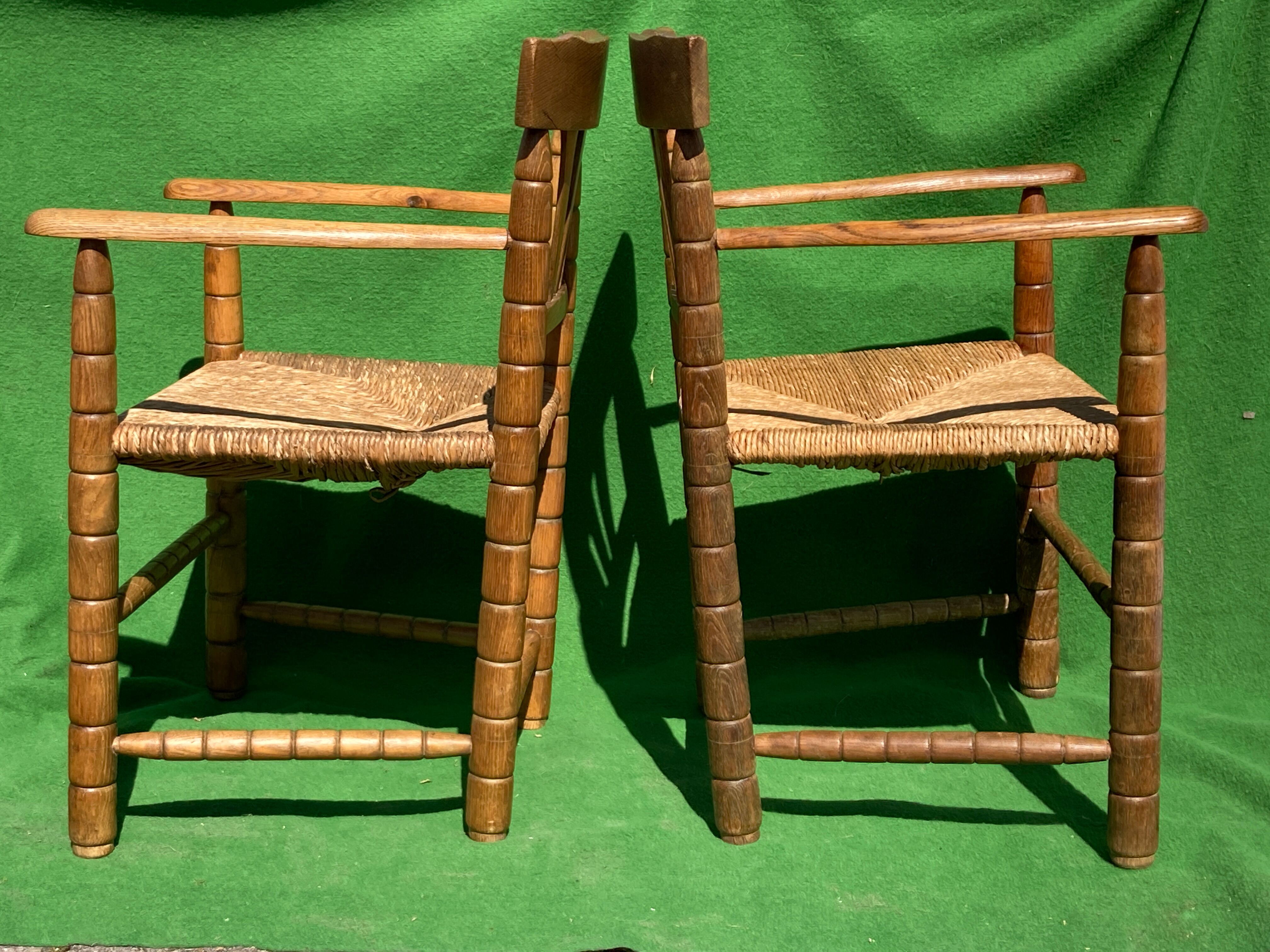 Pair german bobbin turned side chairs with rush seat
