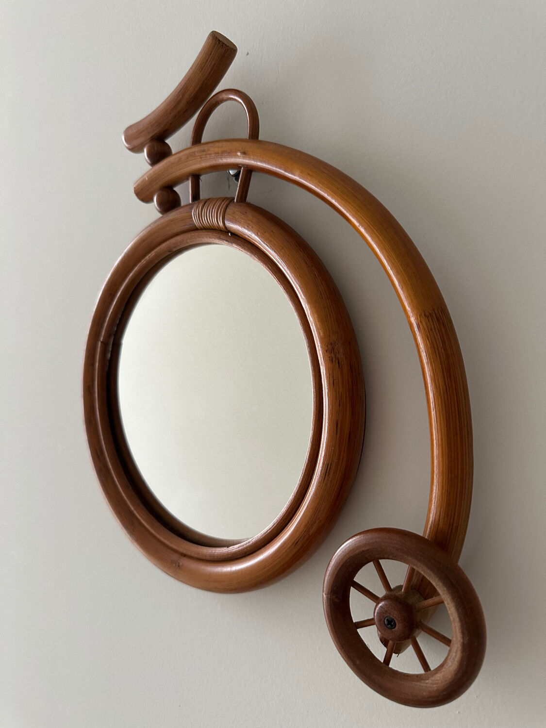 Rare wall mirror bicycle made of bamboo and rattan from the 1960s.