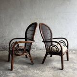 Mid-century Manou dark brown bamboo armchair with open rattan backrest, 1960s French