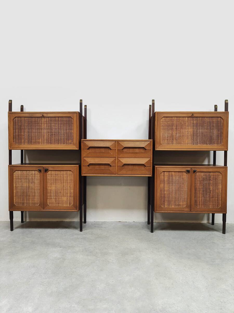 Rare Italian midcentury design modular teak webbing wall unit cabinet