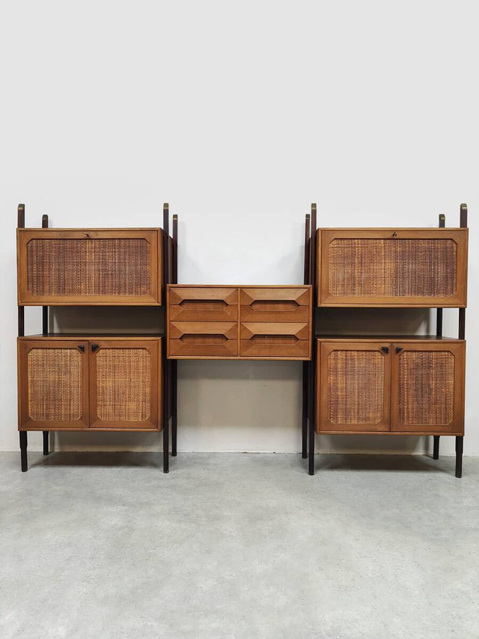 Rare Italian midcentury design modular teak webbing wall unit cabinet