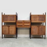 Rare Italian midcentury design modular teak webbing wall unit cabinet