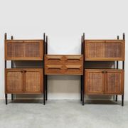 Rare Italian midcentury design modular teak webbing wall unit cabinet