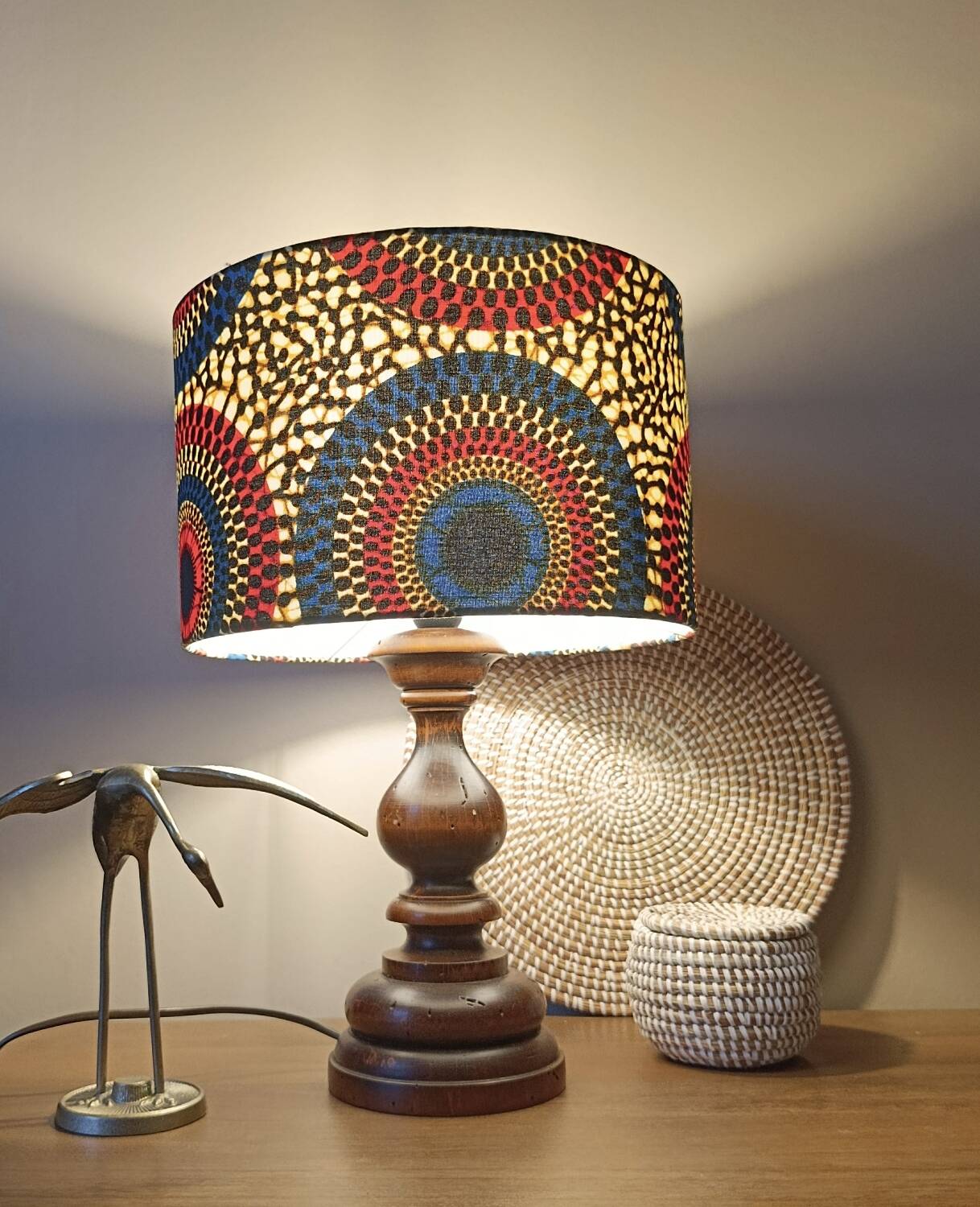rustic chic solid wood lamp, ethnic wax lampshade with circles