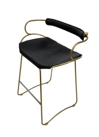 Bar stool with a vintage brass backrest and black leather.