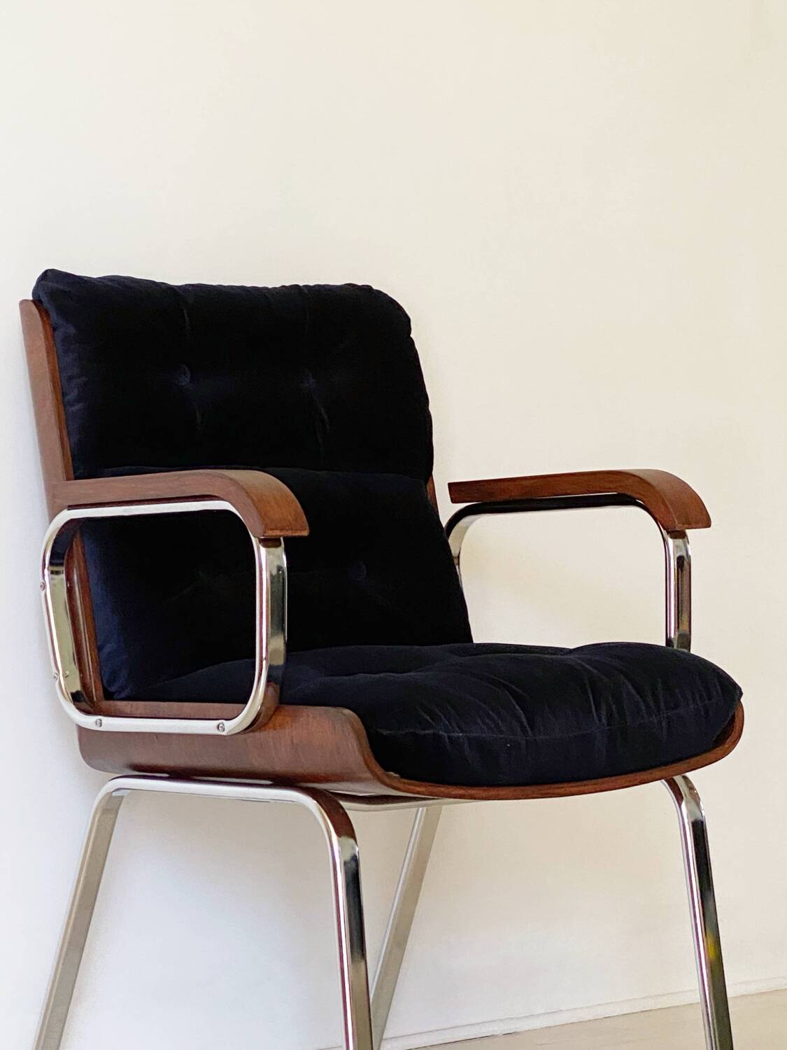 Vintage wood and metal velvet armchair