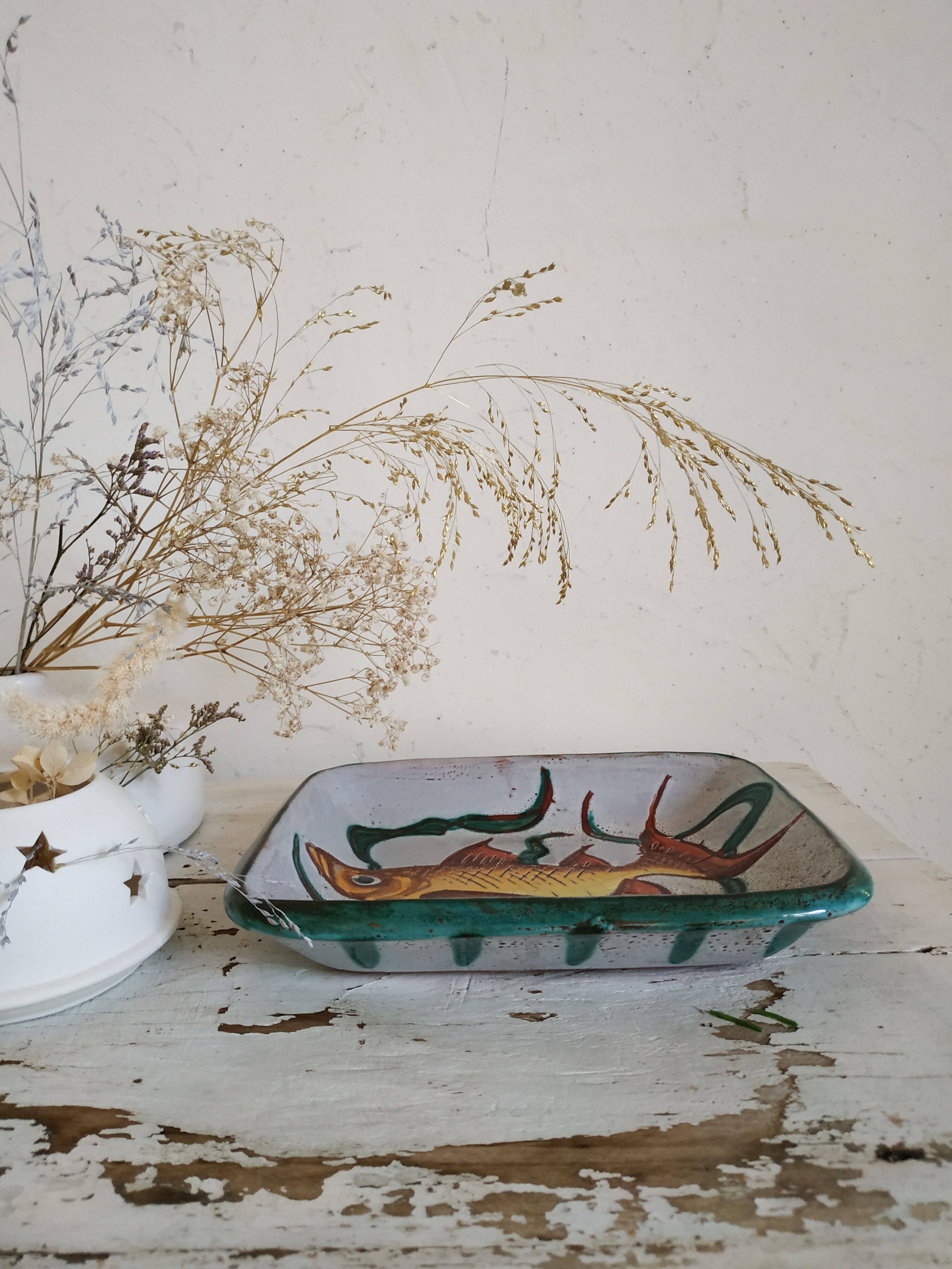 Former rectangular ceramic dish hand decoration Vallauris